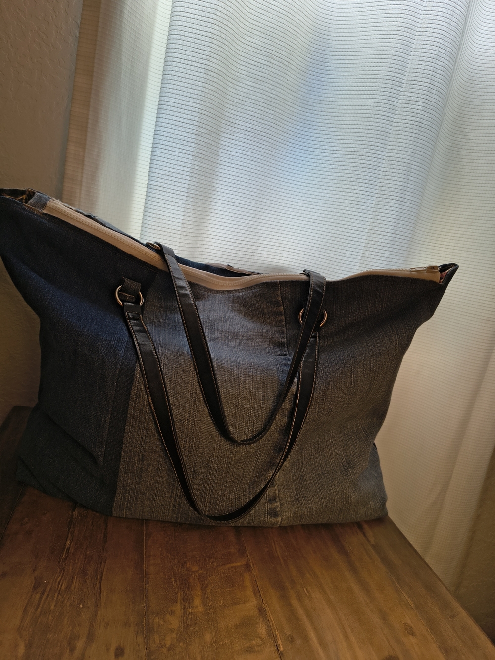 Denim Patchwork Tote Bag with Puppy 💜 Handmade Abstract - Picture 9 of 14